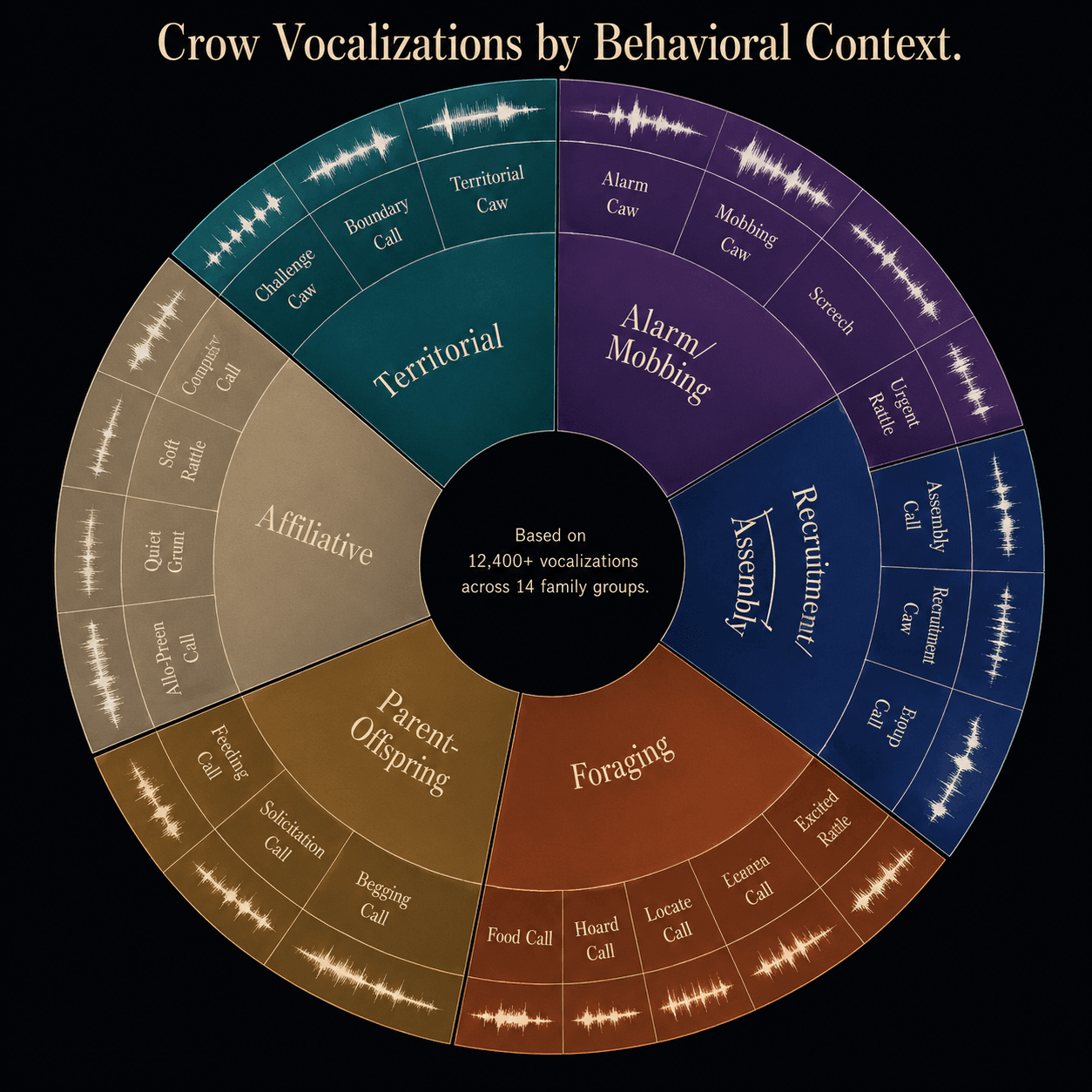 Three-ring sunburst — behavioral wedges, call-type subdivisions, representative waveform glyphs.